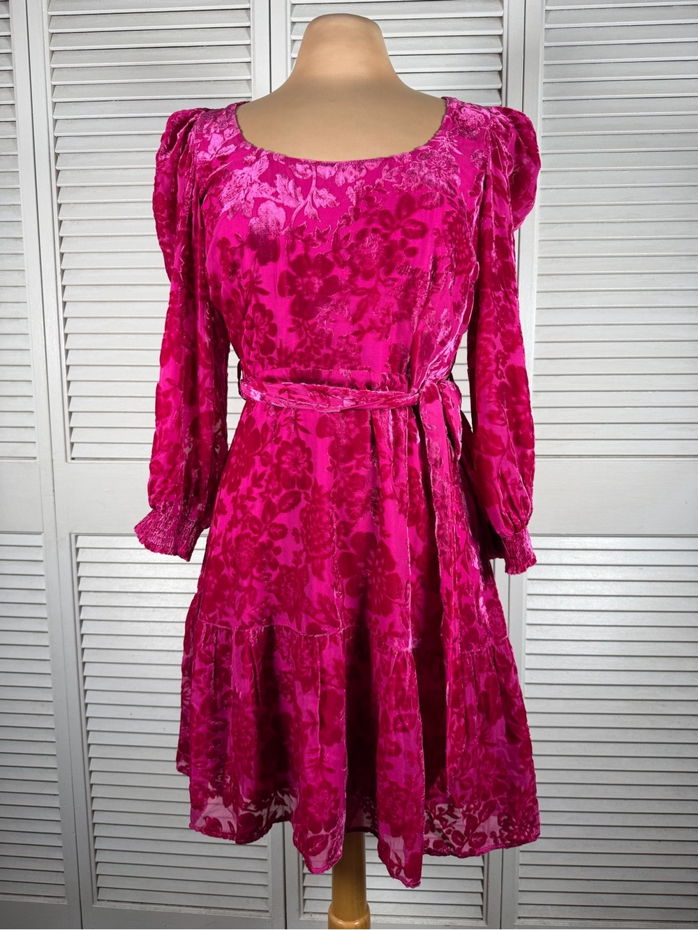HALE BOB Pink Floral Burnout Velvet Dress Puff Sleeve Size S